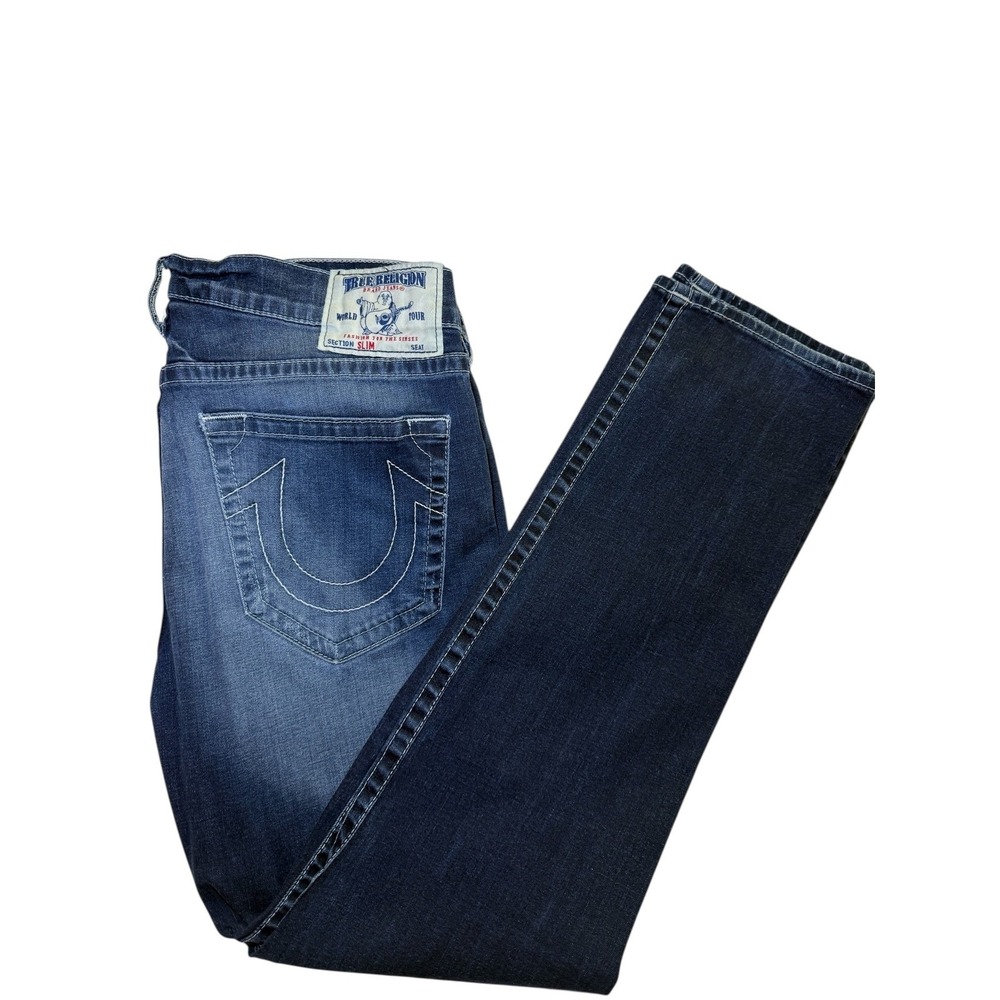 True Religion Basic Slim Jeans Mens 36 Blue Dark Wash Stretch Denim MMAJ19TS